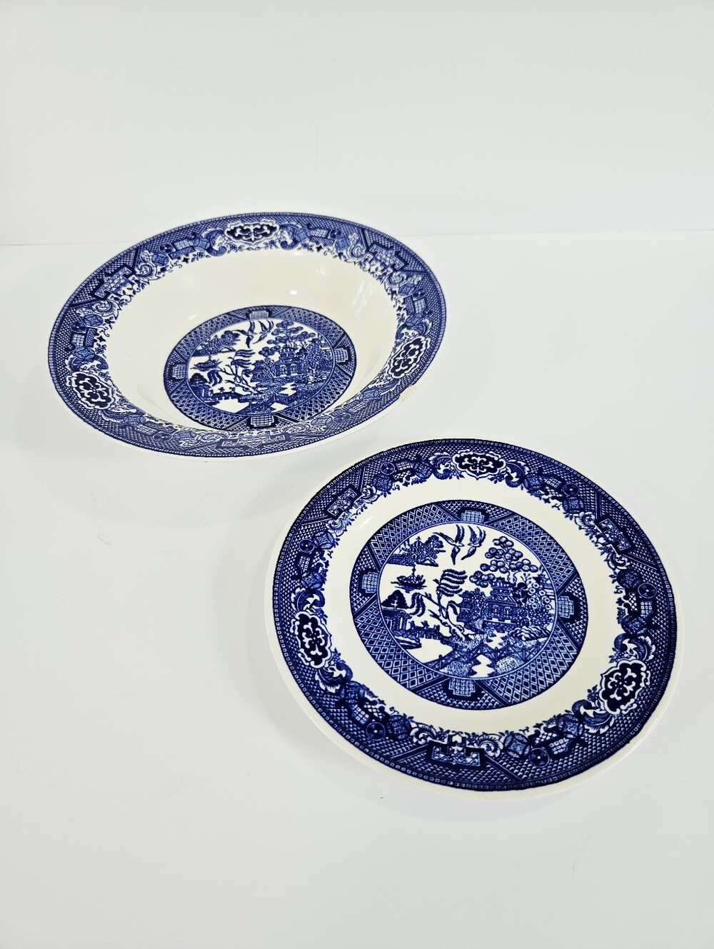 Vintage Willow Ware Royal China "Blue Willow" Flat Rim Soup Bowl Side Plate Set